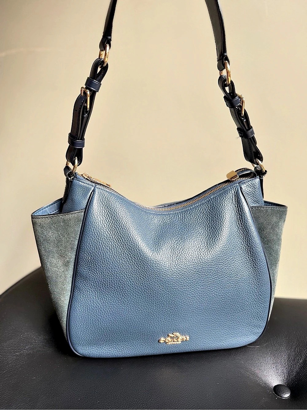 Coach EUC Rori Denim Blue Leather/Suede Hobo Bag Blue Handle Strap Buckle Accent